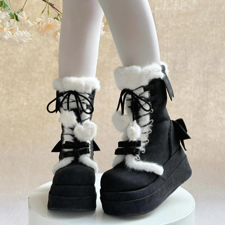 Black Cute Platform Thick-Soled Bowknot Lace-Up Sweet Lolita Plush Boots