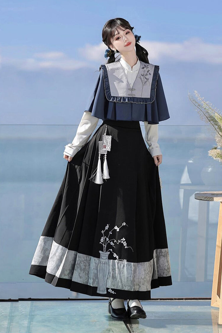 Black/Blue Round Collar Long Sleeves Print Slim Women's Classic Hanfu Dress Three-piece Set