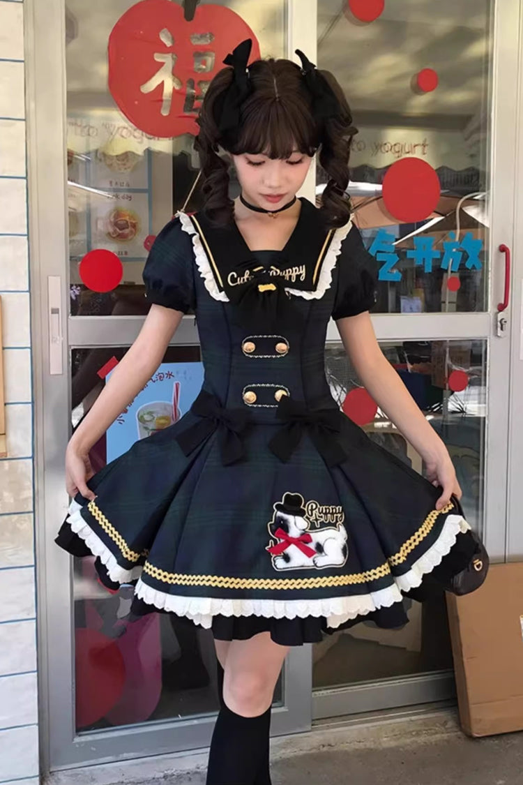 Blue [Dalmatian] Short Sleeves Print Ruffle Bowknot Slim Sweet Lolita Dress