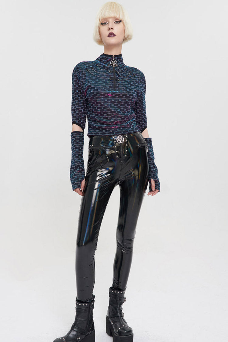 Multi-Color Punk Long Sleeve Mesh Fabric Front Collar Pentagram Zipper Chain Collocation Women's T-Shirt