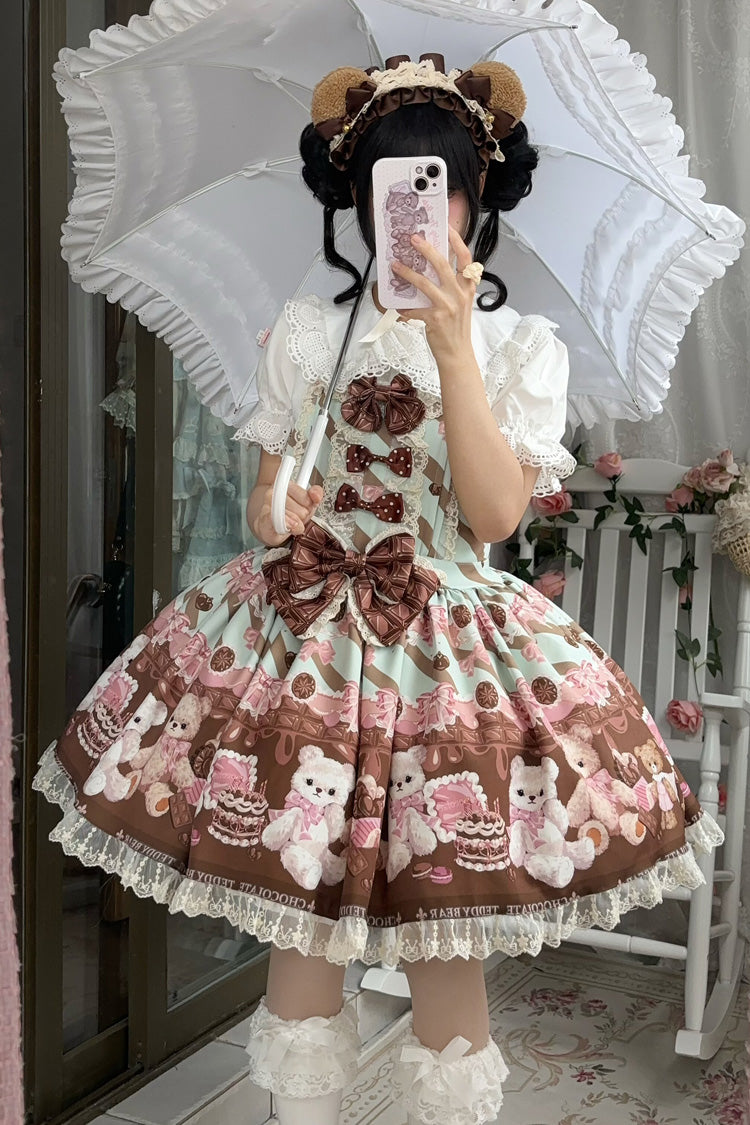 【チョコレートブラウニー】ノースリーブプリントフリルリボンレーススイートロリータストラップドレス2色