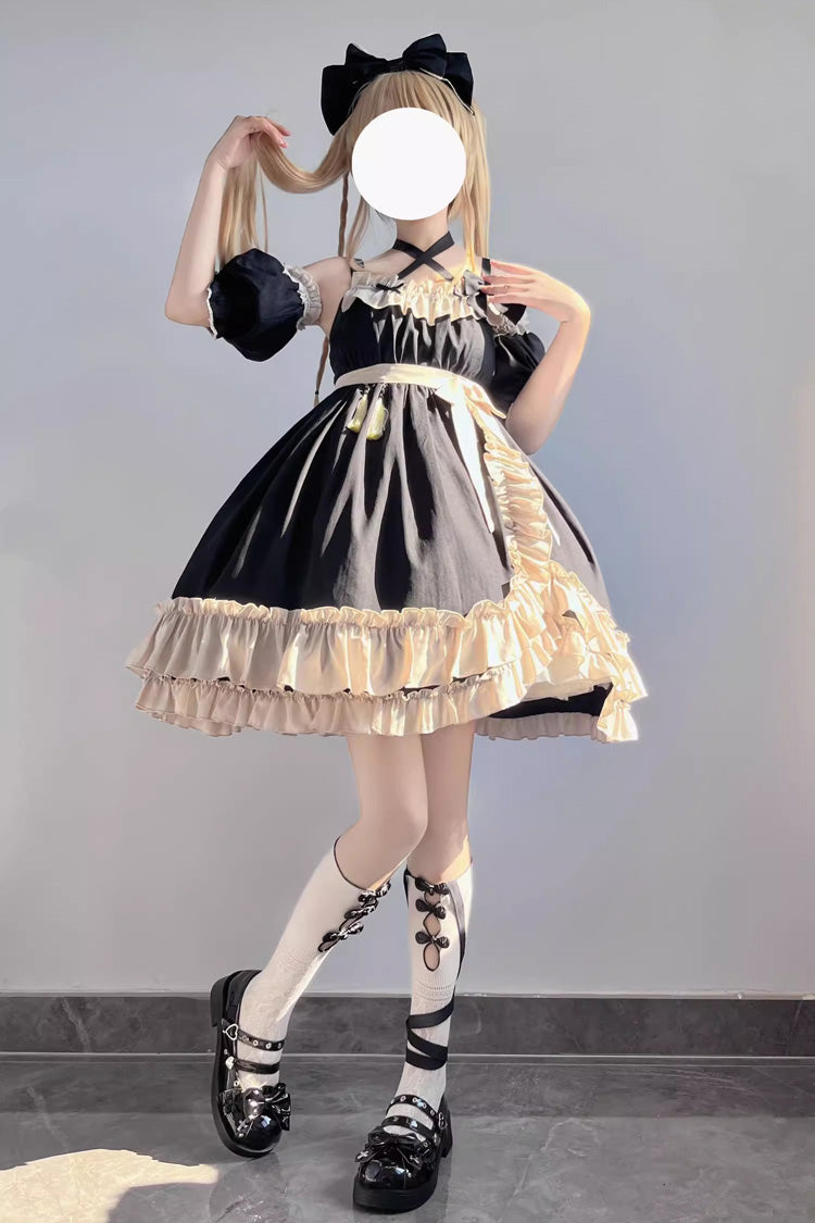 Black [Monet Estate] Sleeveless High Waisted Ruffle Bowknot Asymmetric Gothic Lolita Jsk Dress