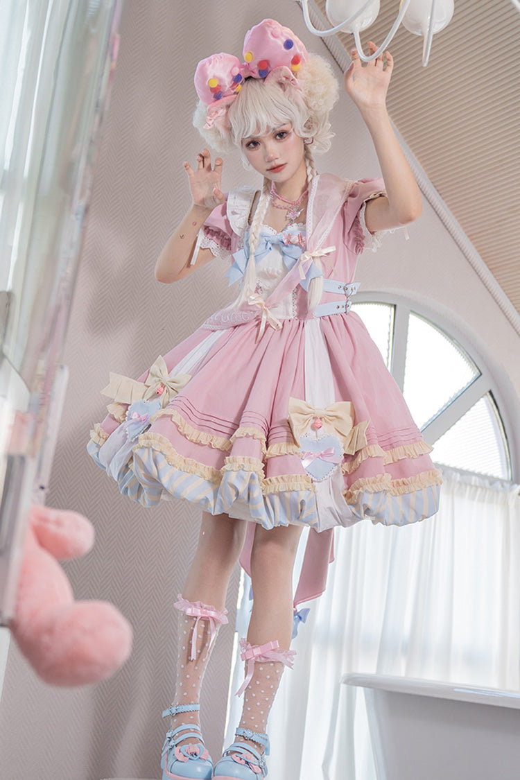 Pink Short Sleeves Print Ruffle Bowknot Lace-Up Sweet Princess Lolita Dress Set