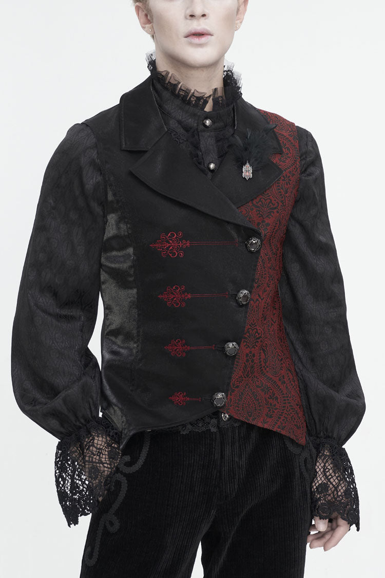 Black/Red Embossed Feather Men's Gothic Waistcoat