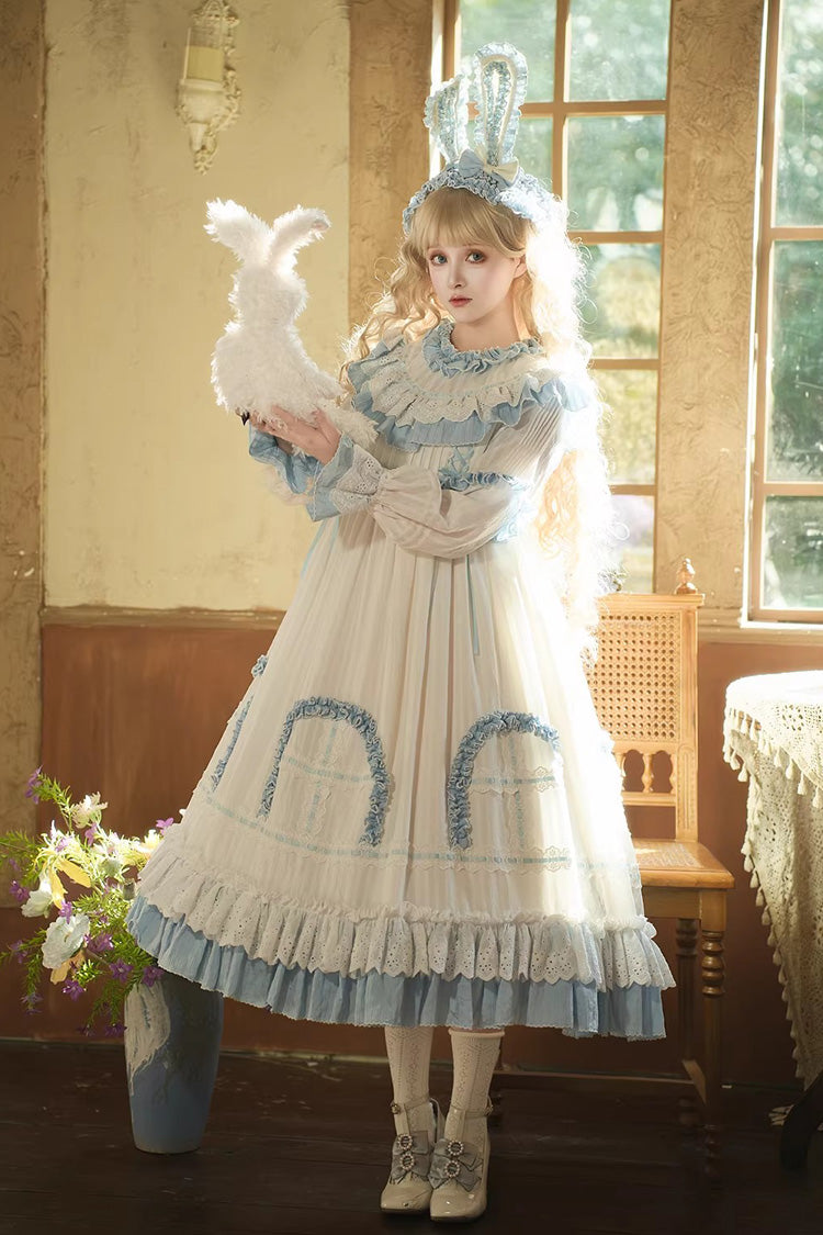 Blue [Twin Lilian] Round Collar Long Sleeves Double-Layered Ruffled Bow Lace-Up Sweet Lolita Dress