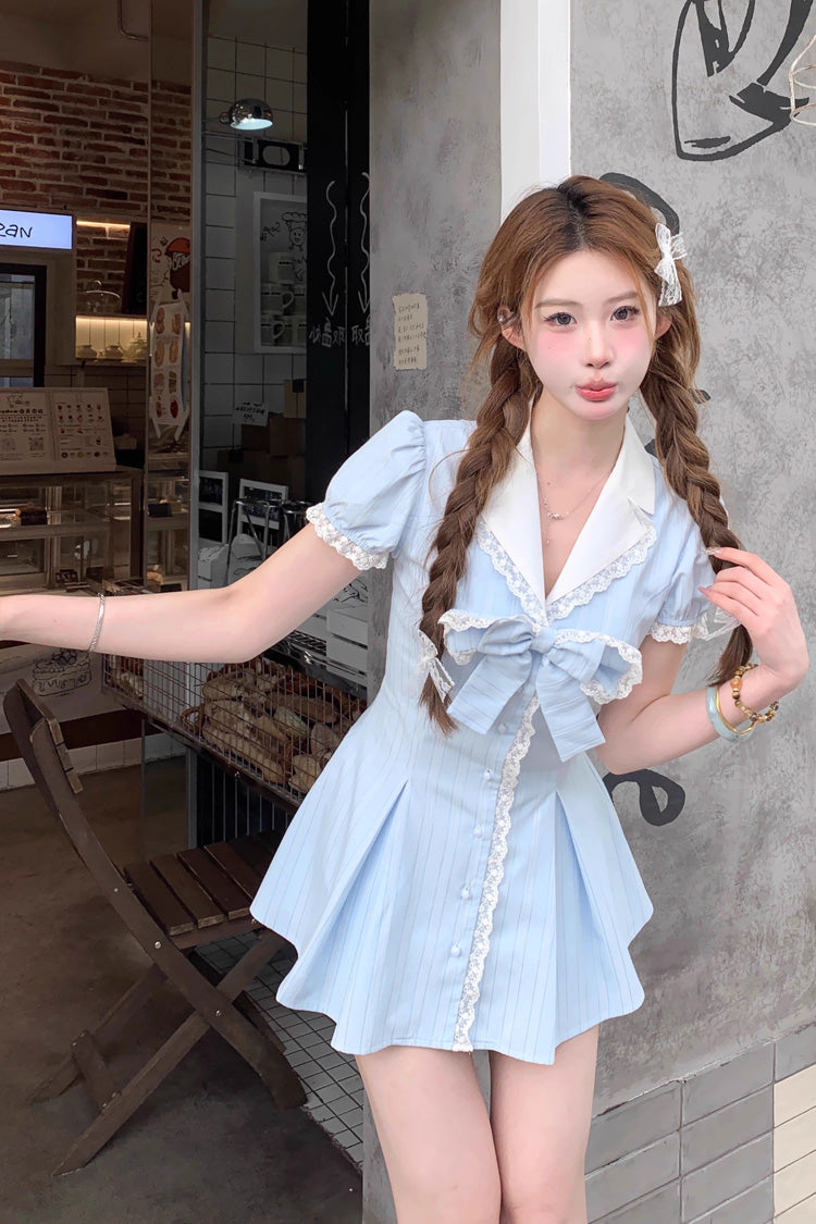 Aqua V Collar Short Puff Sleeves Stripe Print Ruffle Bowknot Sweet Jirai Kei Dress