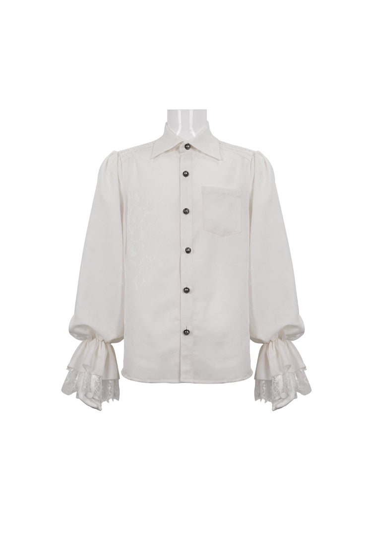 White Lapel Collar Puff Sleeved Lace Hem Men's Gothic Shirt