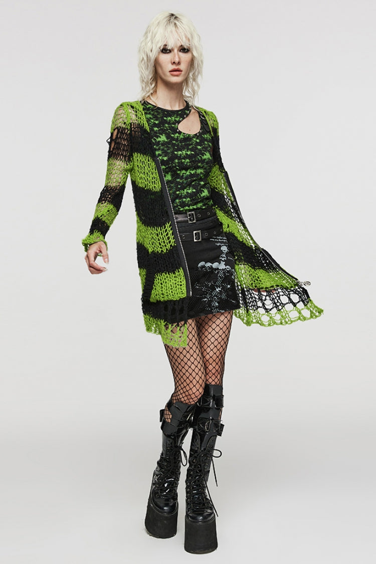 Lange Ärmel, Streifenmuster, Reißverschluss, unregelmäßig zerrissen, Steampunk-Pullover für Damen, 4 Farben