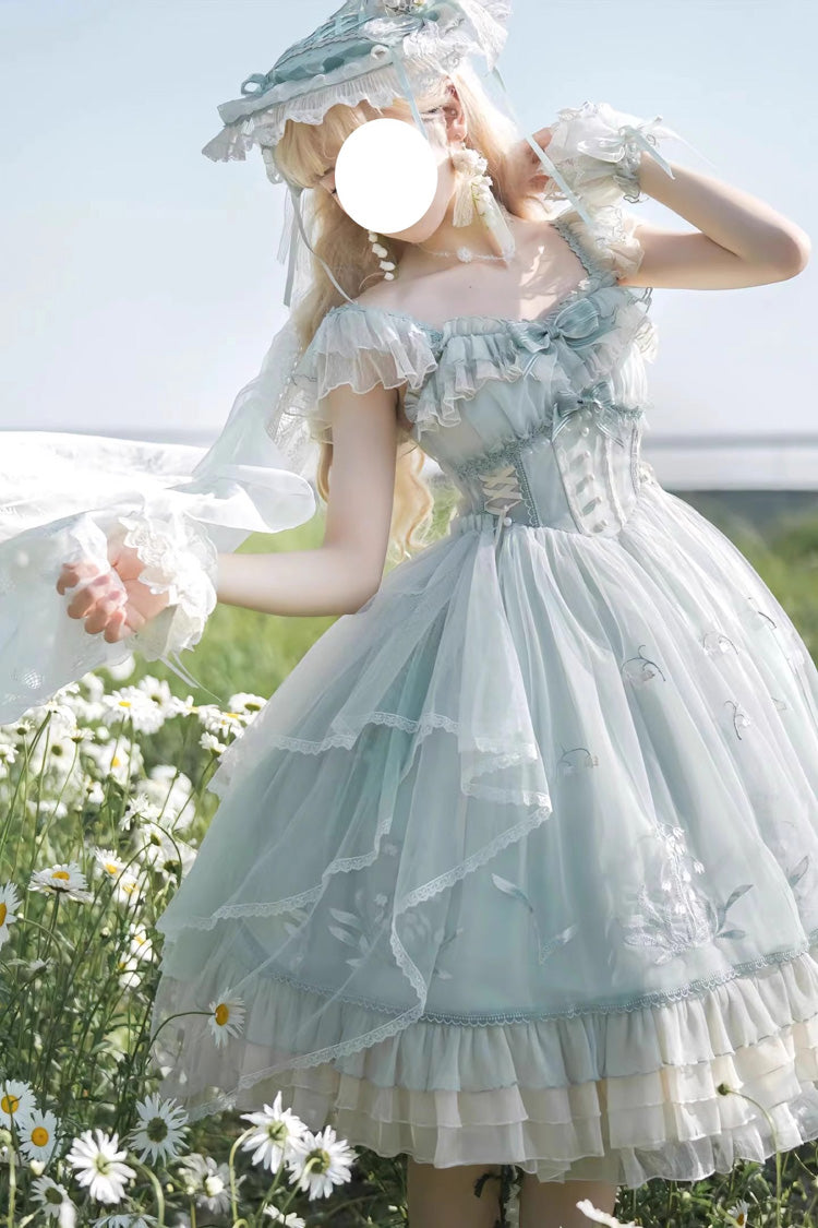 Light Green Multi-layer Ruffle Embroidery Bowknot Sweet Princess Lolita Jsk Dress