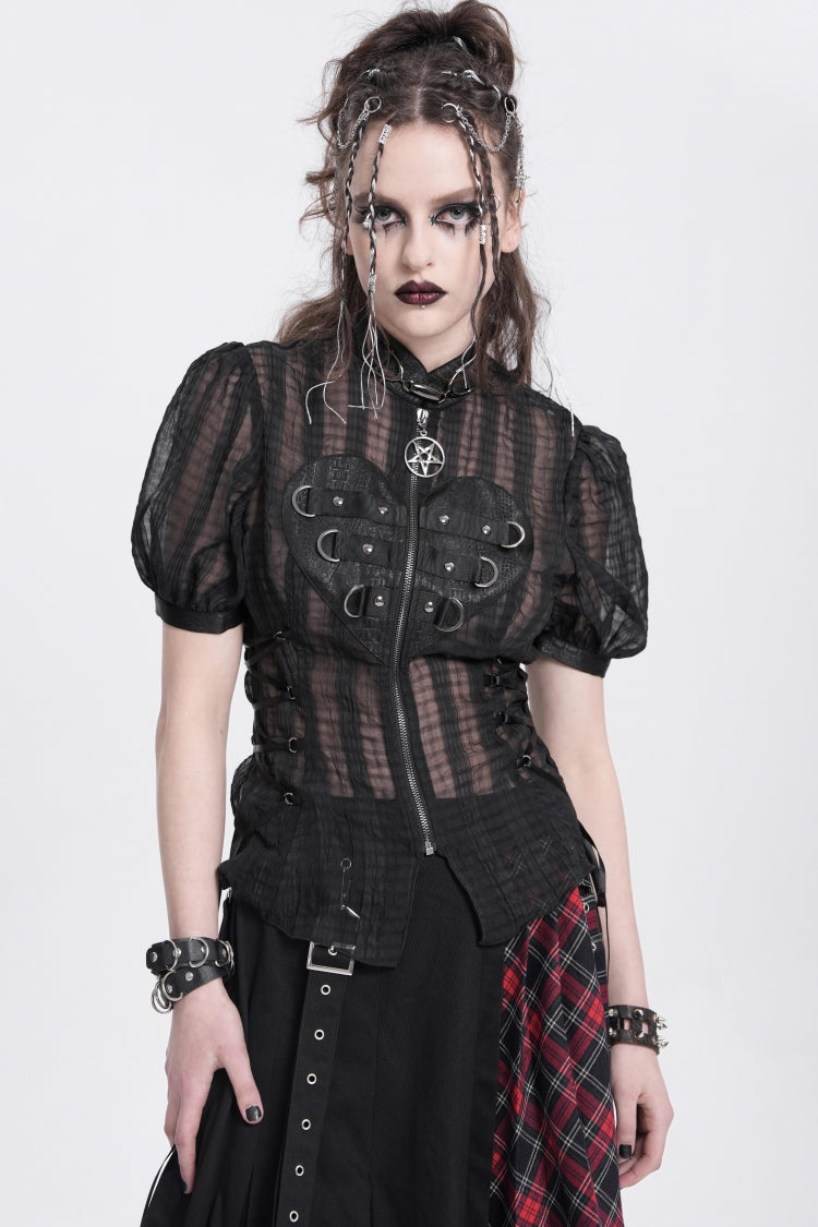 Black Stand Collar Short Puff Sleeves Sheer Mesh Women's Gothic Blouse