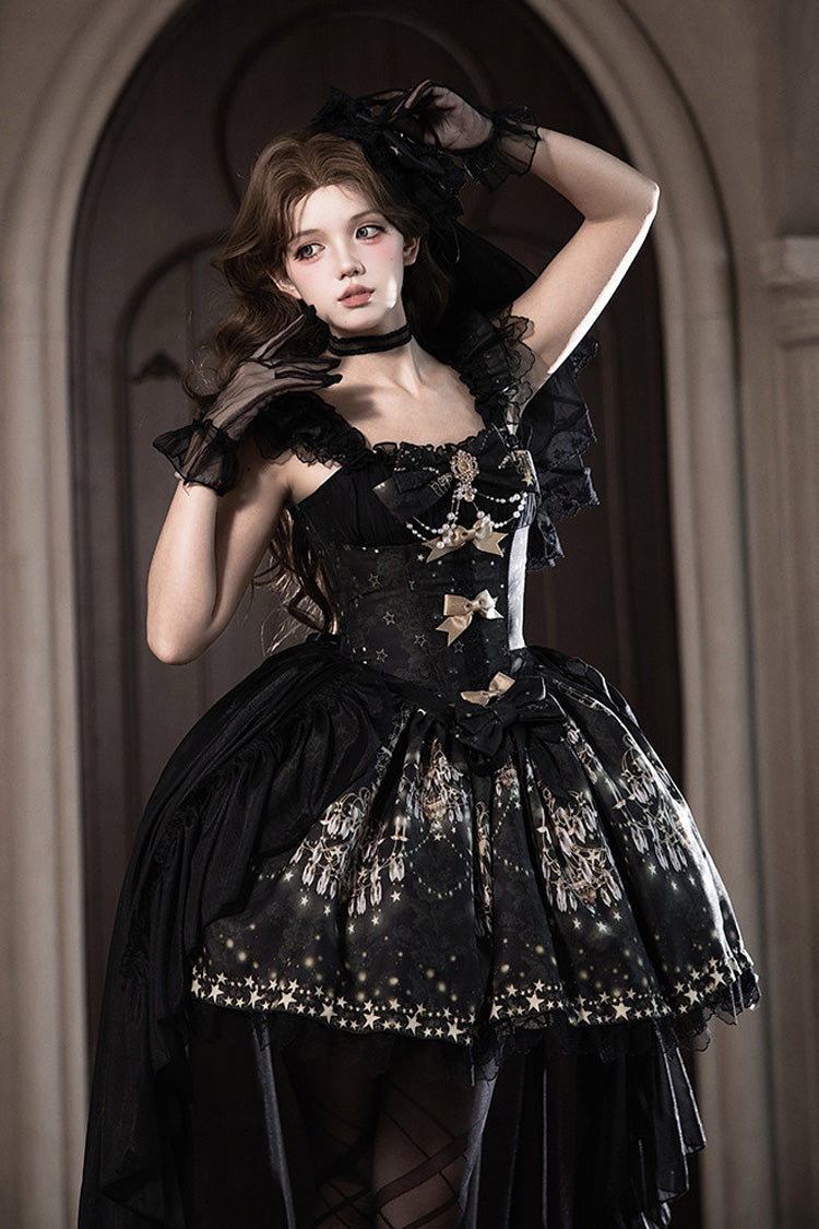 Noir [lustre étoiles] col carré manches flottantes imprimé à volants nœud brodé Vintage élégant luxueux robe Lolita Jsk