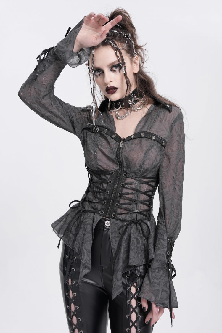 Black Long Sleeves Embroidery Lace-Up Irregular Sheer Women's Gothic Blouse