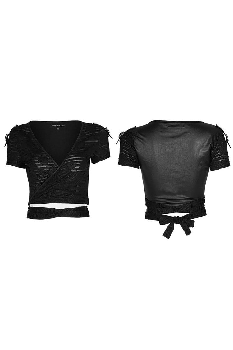 Schwarzes Strick-T-Shirt mit V-Ausschnitt, kurzen Ärmeln, Rückenbandage und kaputten Löchern für Damen