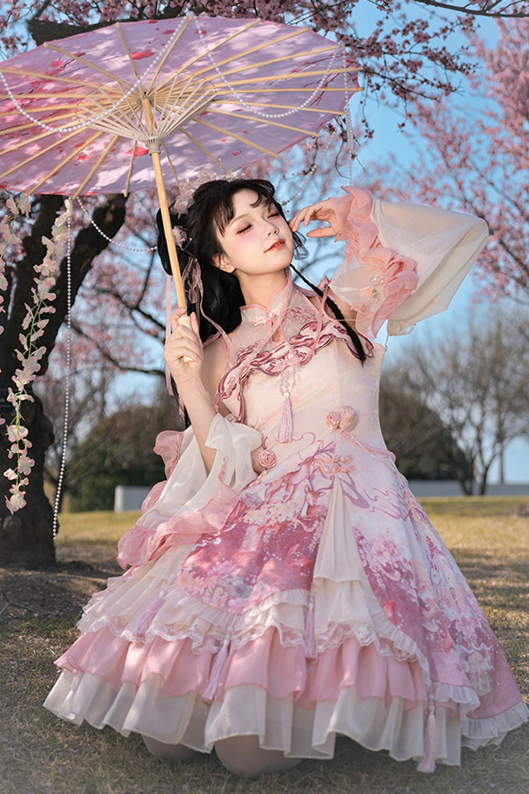 Pink [Flower Feast] Multi-Layered Print Ruffle Bowknot Sweet Chinese Style Lolita Jsk Dress