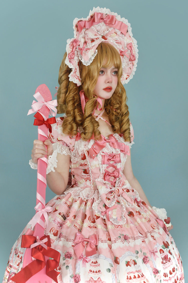 [Strawberry Cake Bouquet] Print Square Collar Short Sleeves Bowknot Lace Sweet Lolita Dress 3 Colors