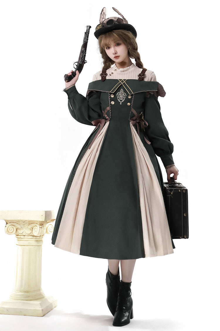 Dark Green Long Sleeves Ruffle Embroidery Bowknot Gothic Princess Lolita Dress