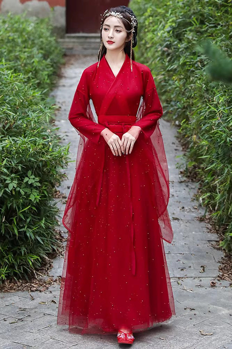 Red Long Sleeves Lace Pearl-Decorated Classic Elegant Hanfu Dress