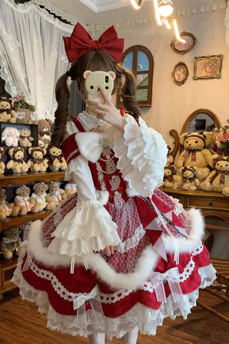 Red [Snowfall Letter] Off Shoulder Sleeveless Faux Fur Bow Lace-Up Corset Waist Lace Ruffle Tiered Sweet Fall Winter Lolita JSK Dress