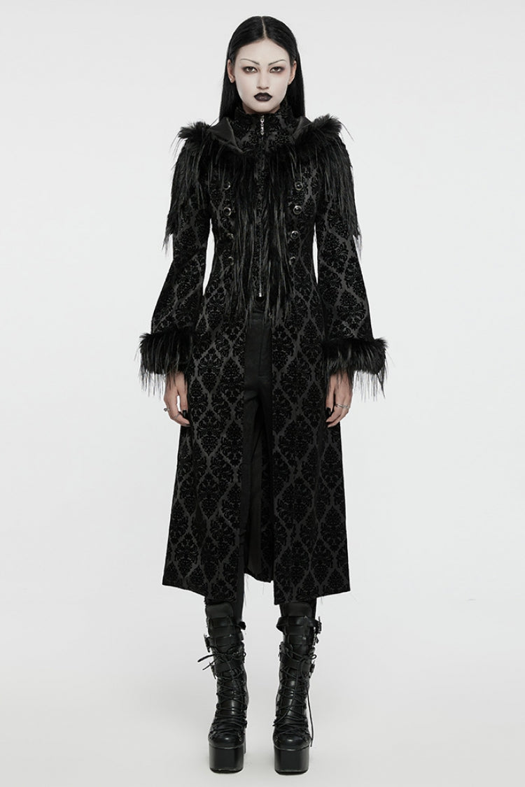 Black Stand Collar Long Sleeves Jacquard Print Stitching Hooded Women's Gothic Coat