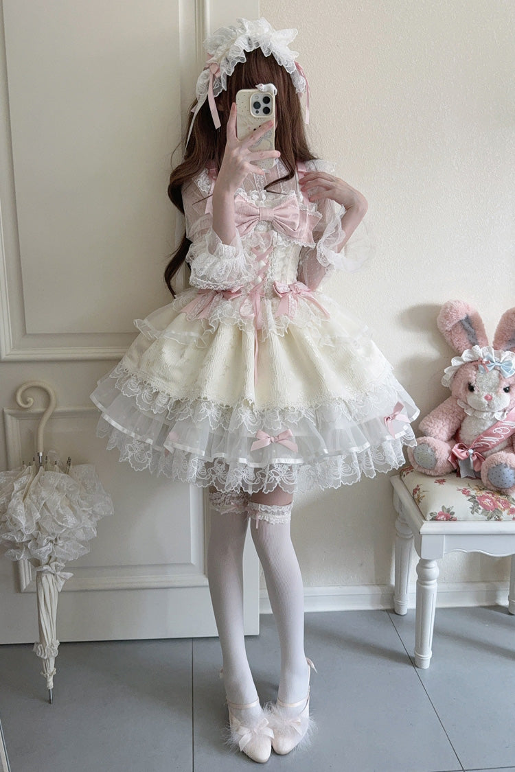 Robe Jsk Lolita Ballet Douce Slim en Dentelle à Nœud à Volants sans Manches Abricot [Île Fleishi] 