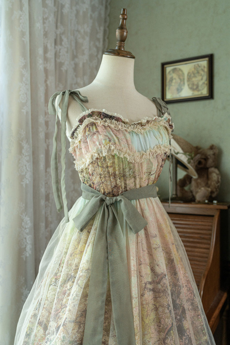 Green [Oil Painting – Spring] Sleeveless Print Ruffle Bowknot Lace Sweet Lolita Jsk Dress