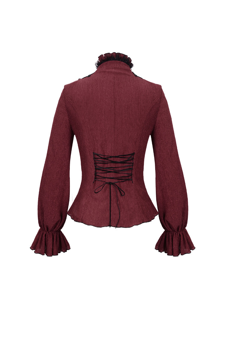Red Lace High Neck Three Dimensional Embroidered Lantern Trumpet Sleeves Women's Gothic Shirt