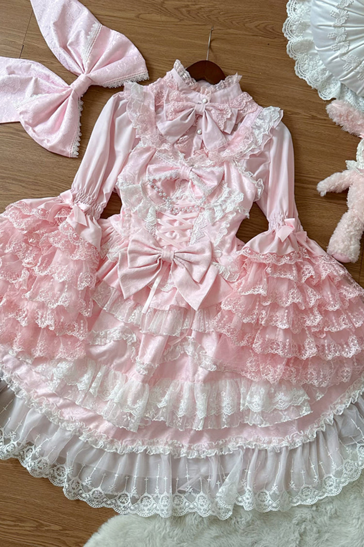 Pink [Love and Heart Flutter] Sleeveless Multi-Layered Ruffle Bowknot Lace Pearl Sweet Lolita Jsk Dress