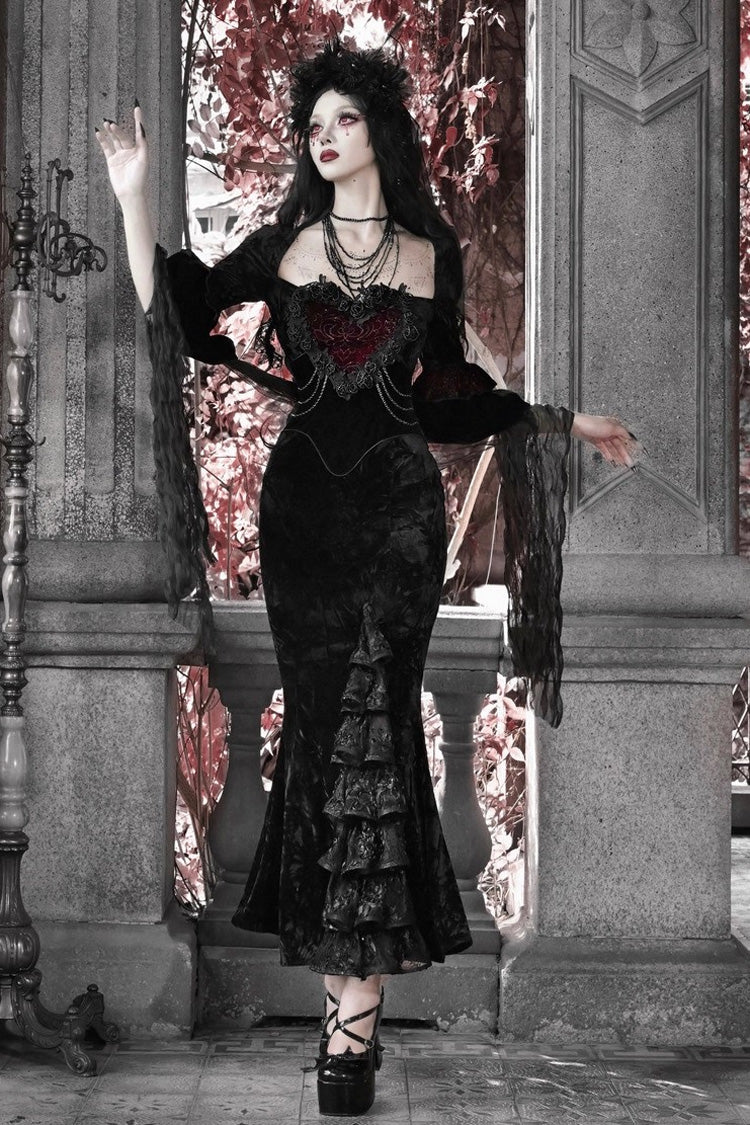 Black [Castle of Dark Romance] Square Collar Short Sleeves Multi-Layered Ruffled Embroidered Open-Front Lace Gothic Lolita Mermaid Dress