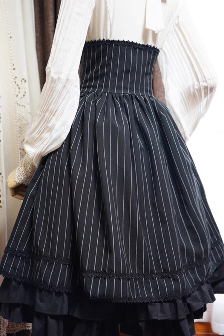 Black Multi-Layered Stripe Print Ruffle Lace-Up Classic College Style Elegant Lolita Skirt