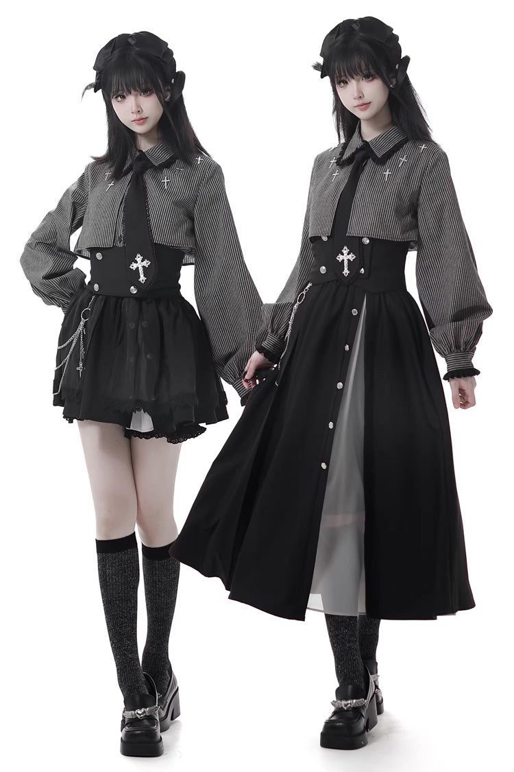 Black [Hymn of the Cross] Long Sleeves Printed Ruffled Asymmetric Chain-Decorated Gothic Jirai Kei Skirt Set