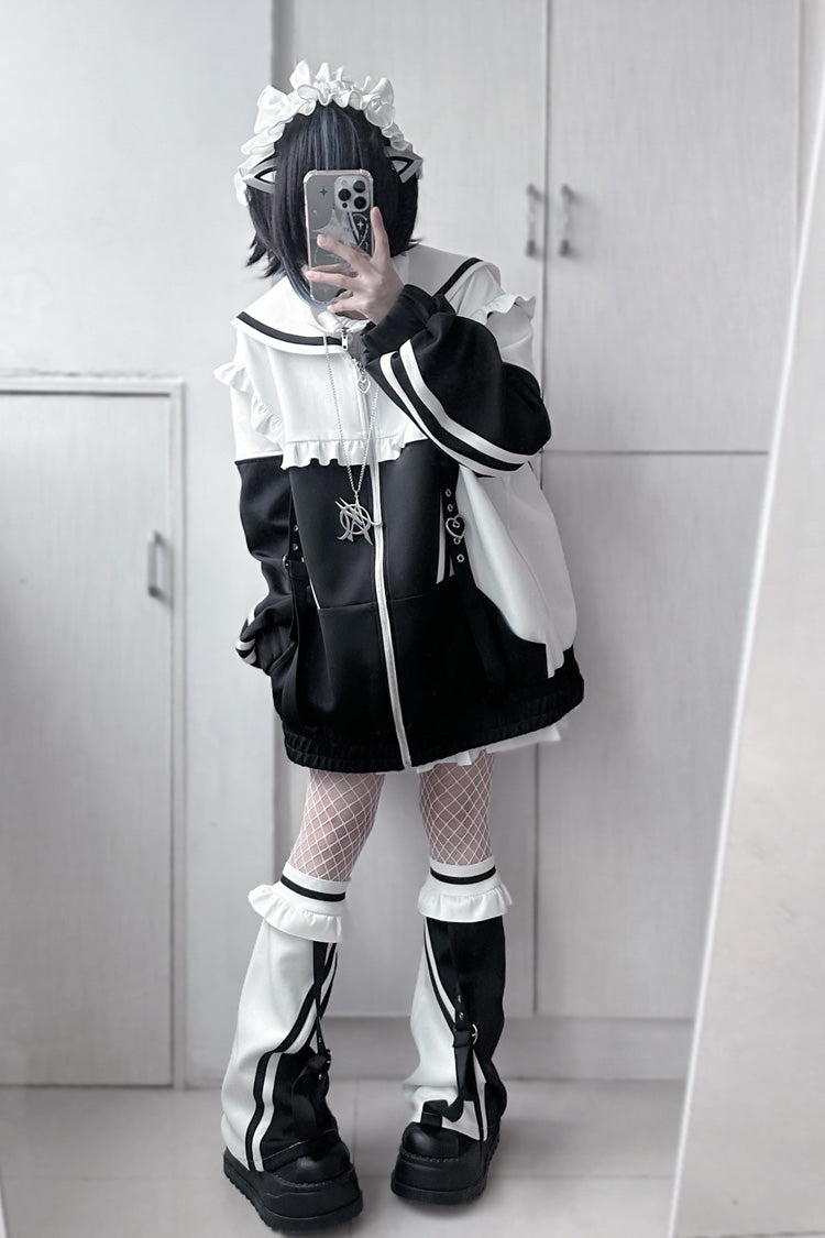 Jirai Kei Long Sleeves Ruffle Color Matching Zipper Coat 3 Colors