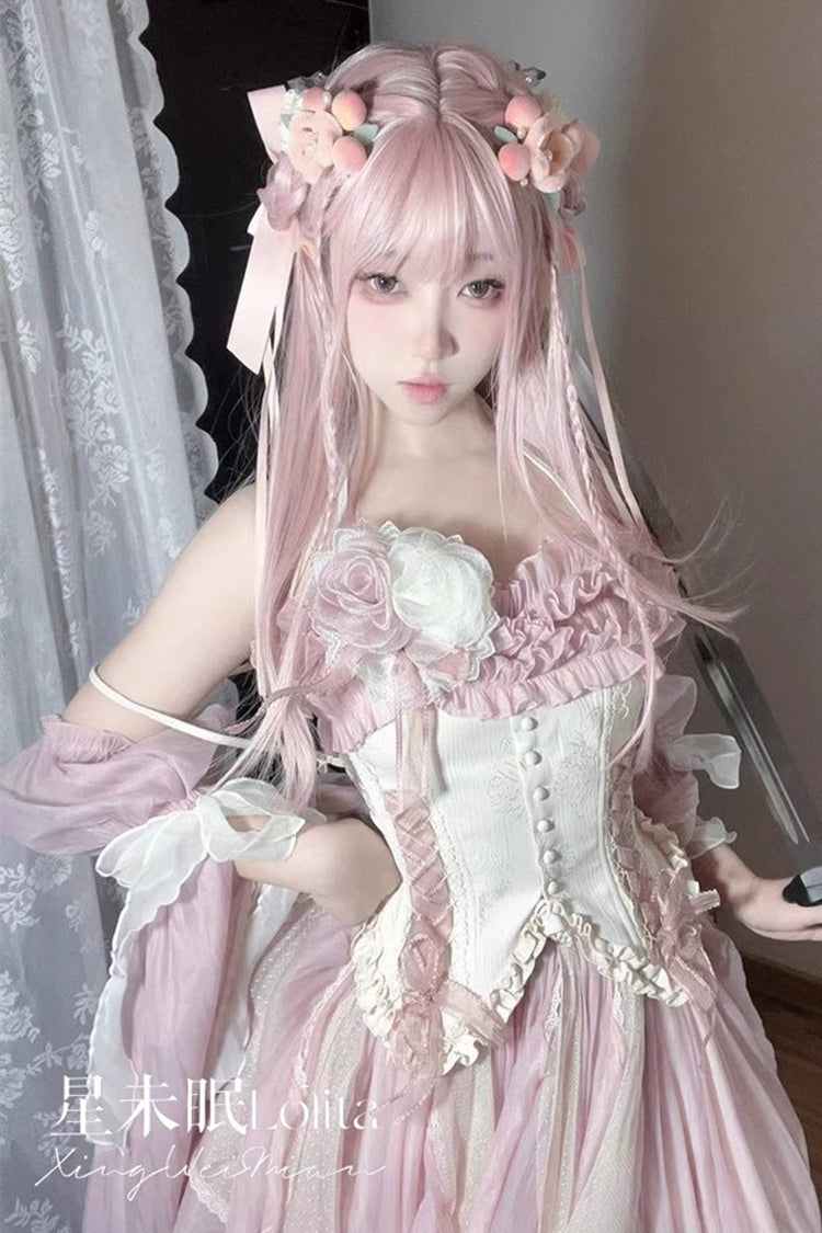 [Praise of the Flower Goddess] Off Shoulder Ruffle Hanayome Bowknot Lace Fishbone Sweet Lolita Jsk Dress 2 Colors