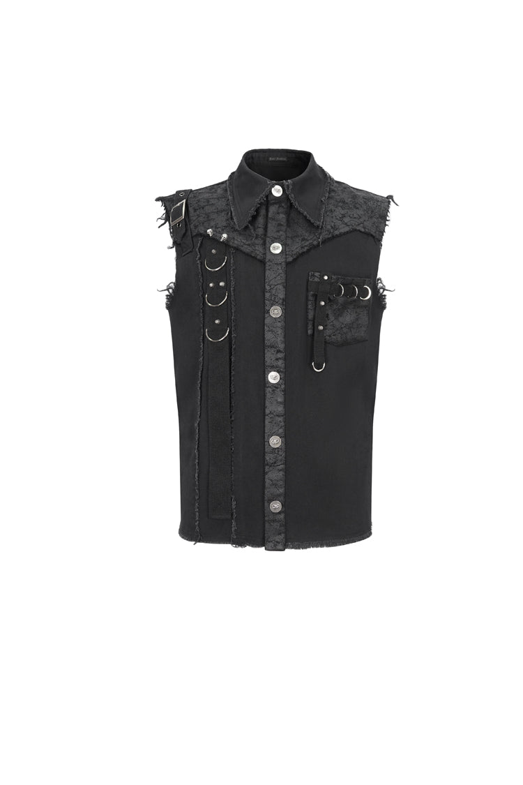 Black Sleeveless Buckle Splice Unedged Men's Punk Vest