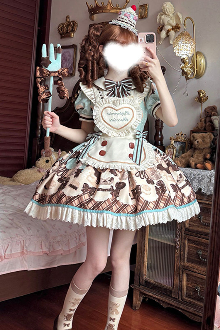Brown [Peppermint Chocolate] Chocolate Cake Bear Print Ruffle Bowknot Lace-Up Sweet Lolita Dress