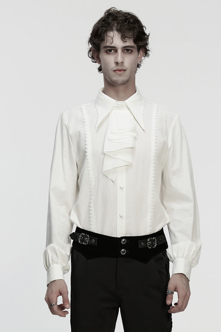 White Lapel Collar Long Puff Sleeves Men's Gothic Blouse with Detachable Necktie White