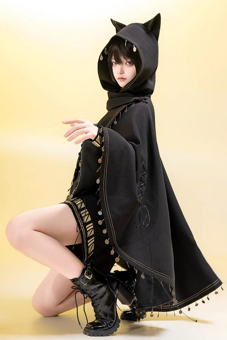 Black [Black Cat] Embroidery Cat Ears Hooded Ouji Gothic Prince Handsome Lolita Cloak