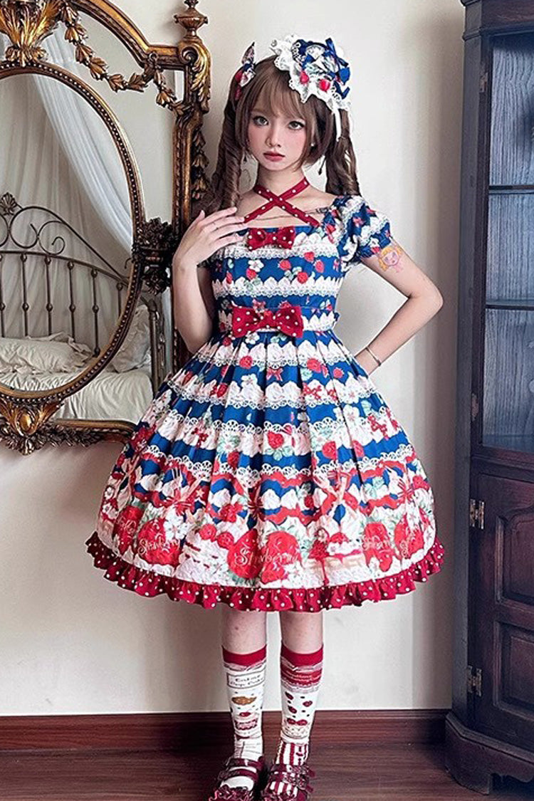 Cream Berry Fairy Red/Blue Short Sleeves Print Ruffle Bowknot Sweet Lolita Dress