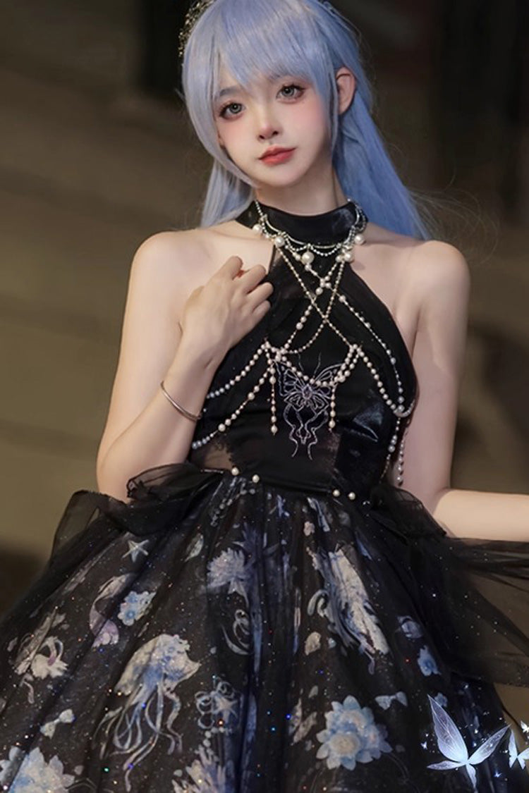 Blue [Deep Sea Jellyfish] Halterneck Sleeveless Print Embroidery Bowknot Lace Sweet Elegant Lolita Jsk Dress
