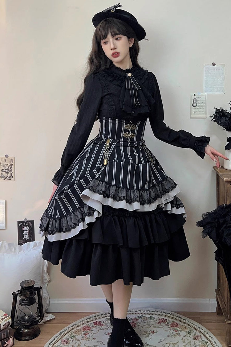 Black Point Manor Multi-layer Striped Print Ruffle Gothic Lolita Skirt