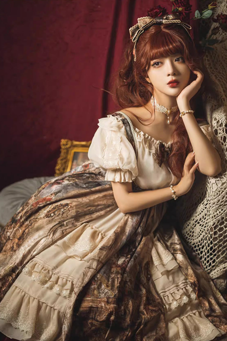Brown [Cloria] Oil Painting Print Bowknot Lace Sweet Elegant Palace Lolita Jsk Dress