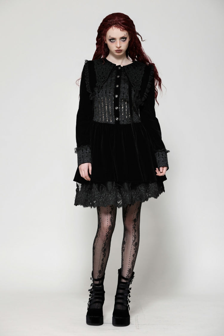 Robe courte noire en velours gothique pour femmes, manches longues, dentelle