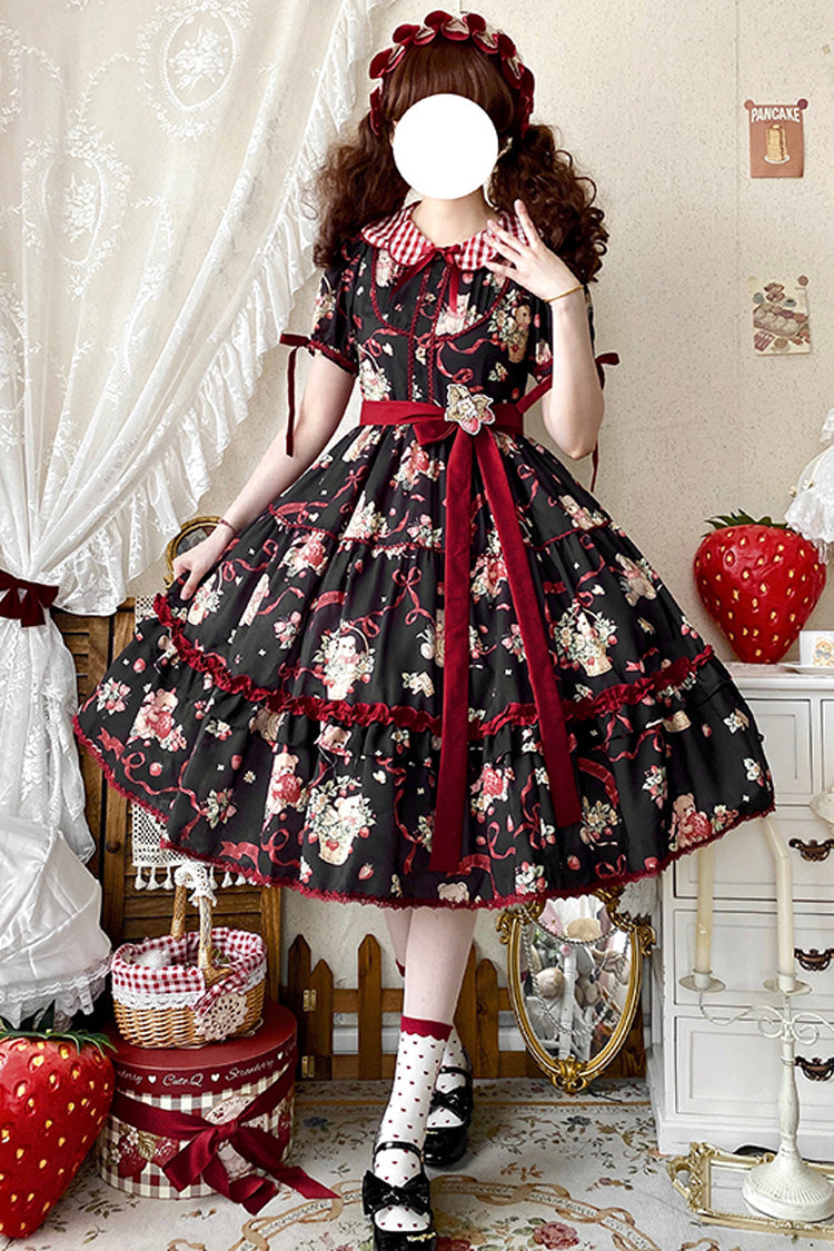 [Bear's Strawberry Garden] Lapel Collar Short Sleeves Print Bowknot Sweet Lolita Dress 4 Colors