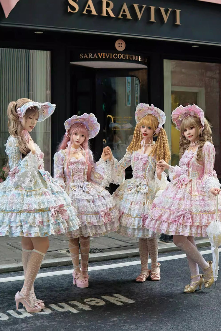 Pink [Candlelight Elegance] Long Trumpet Sleeves Multi-Layered Ruffle Bowknot Lace Sweet Elegant Lolita Dress