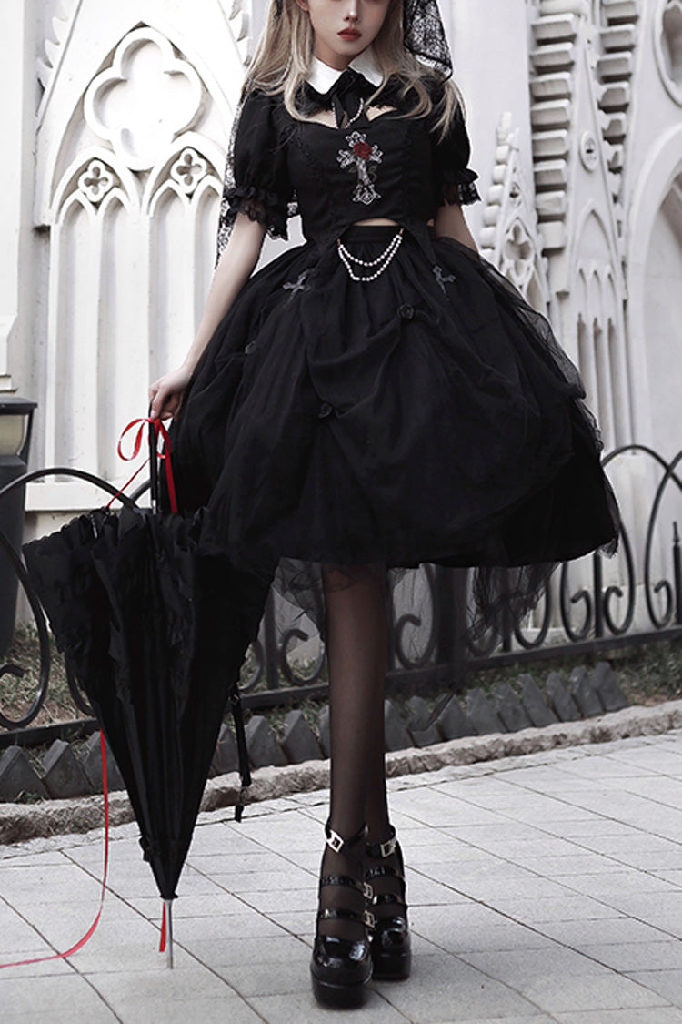 Black Rose Embroidered Cutout Top Irregular Short Sleeves Gothic Lolita Dress Set