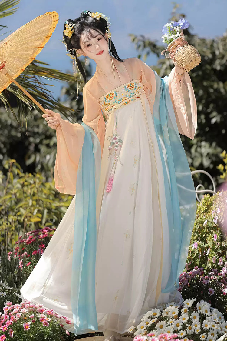 Orange/Aprikose [Der Frühling erfüllt den Garten] Hoch tailliertes, bedrucktes, besticktes Damen-Hanfu-Kleiderset im süßen chinesischen Stil