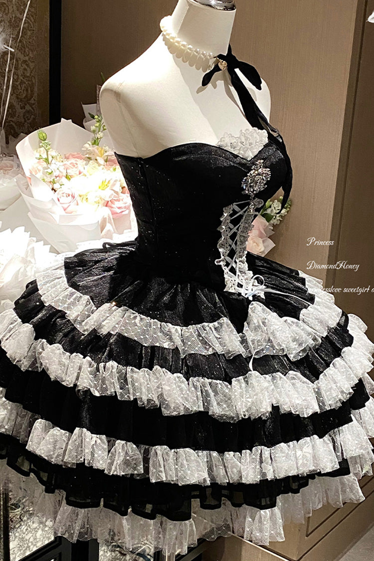 Black [Heartbeat at First Sight] Off Shoulder Sleeveless Multi-Layered Ruffle Bowknot Lace Lace-Up Sweet Princess Gorgeous Lolita Dress