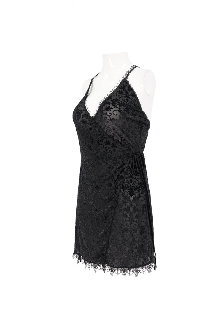 Black Sexy Super V-Neck Velvet Jacquard Lace Lace-Up Women's Gothic Dress