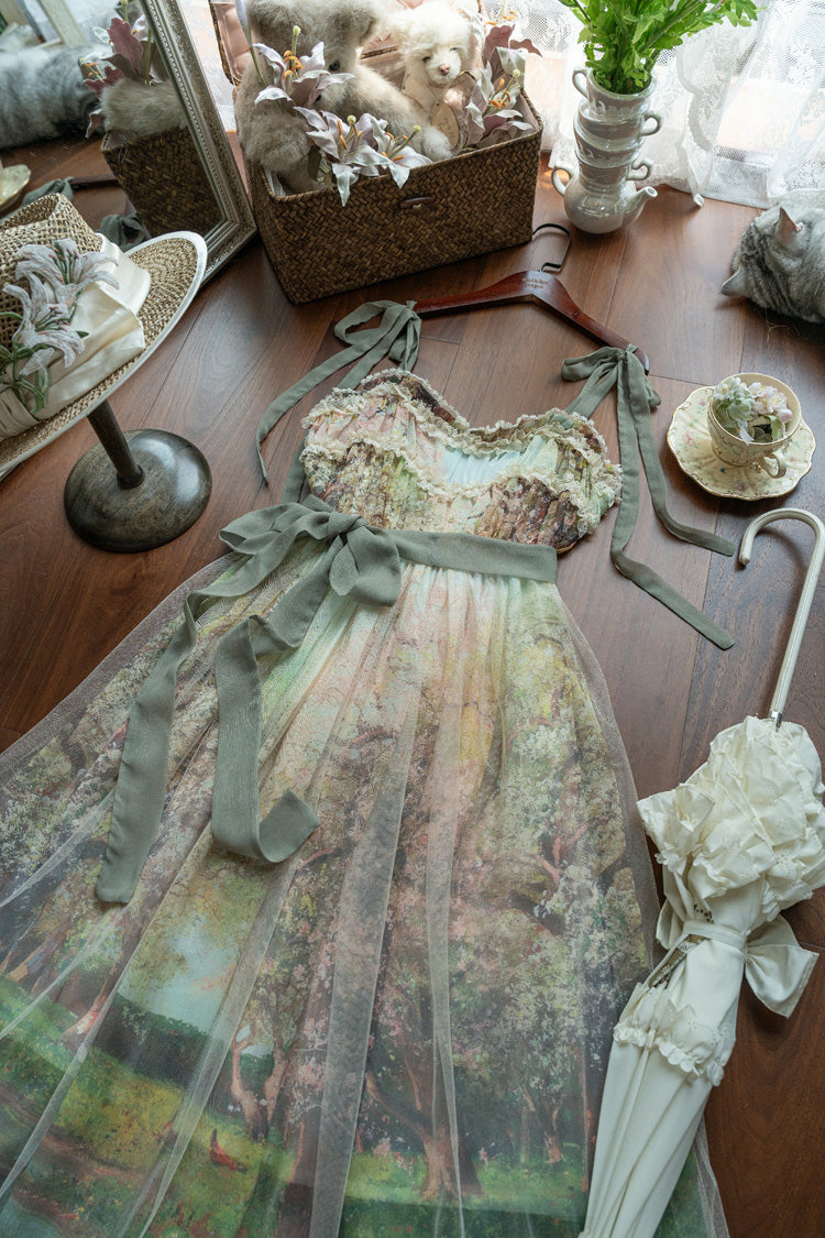 Green [Oil Painting – Spring] Sleeveless Print Ruffle Bowknot Lace Sweet Lolita Jsk Dress