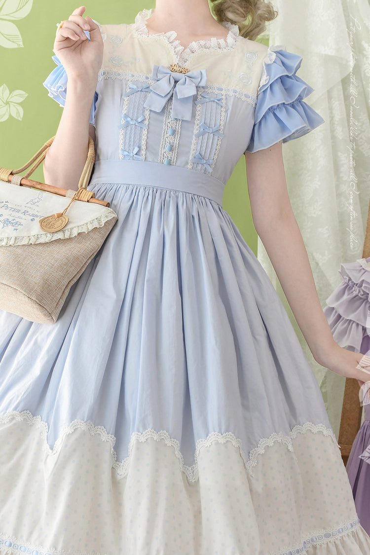 [Summer Wind] Short Sleeves Polka Dot Print Ruffle Embroidery Sweet Lolita Dress 3 Colors