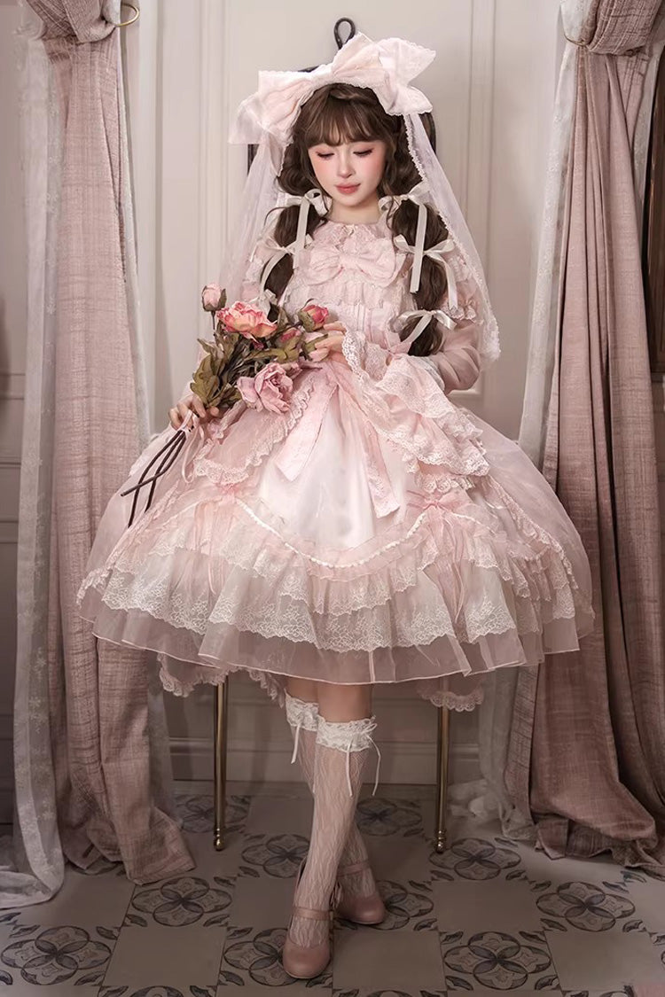 ピンク【キャンディー風味】スクエアカラーノースリーブフリルリボンレーススイートゴージャスロリータJSKワンピース